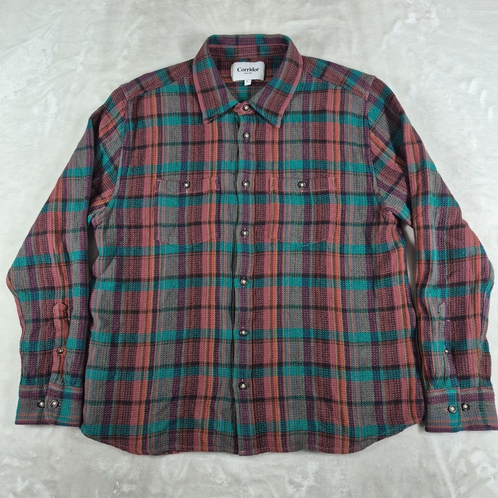 Corridor NYC Button Up Shirt Men's Large Plaid Long Sleeve Casual Comfort Woven